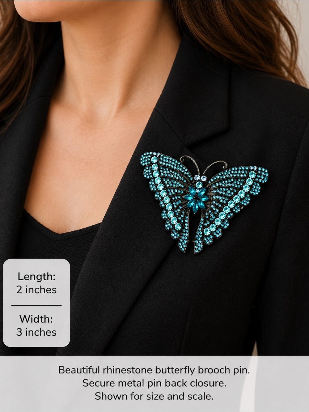 Blue Rhinestone Butterfly Brooch Statement Pin Silver Tone Vintage Style